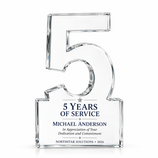 Golden Spark clear crystal number 5 years of service award for custom engraving