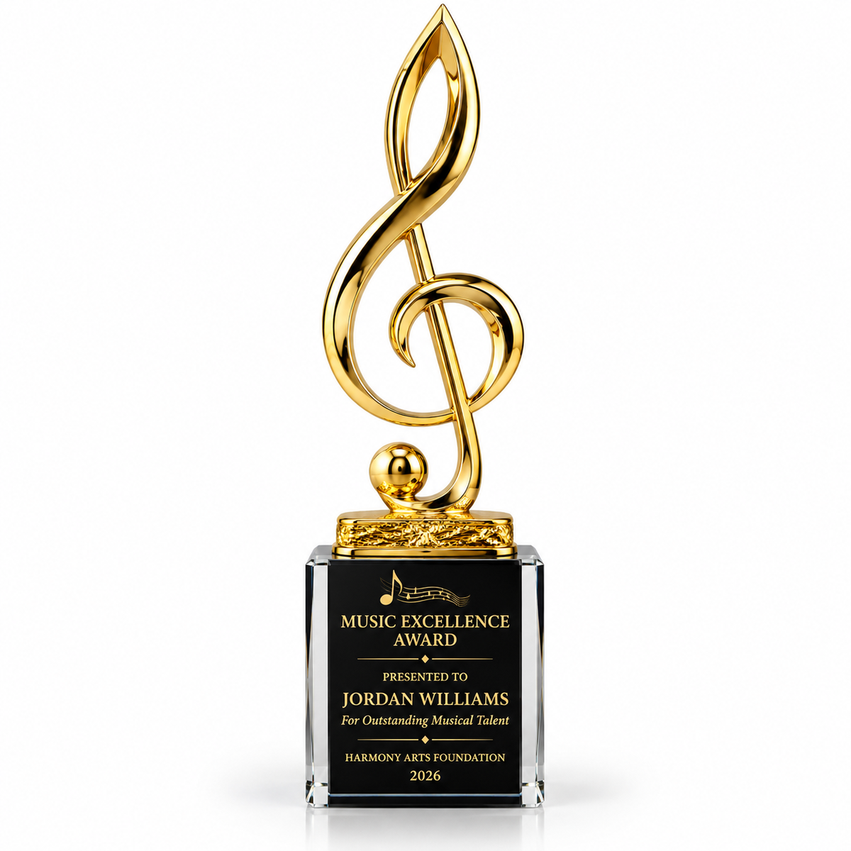 Melodic Signature gold treble clef trophy on black base