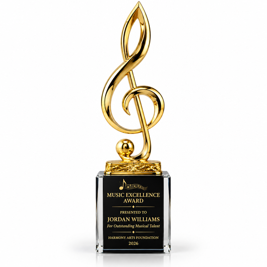 Melodic Signature gold treble clef trophy on black base