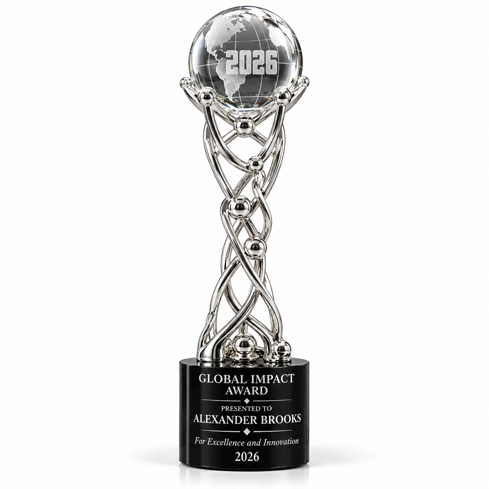 Celestial Crest silver twisted metal trophy with crystal globe on black base