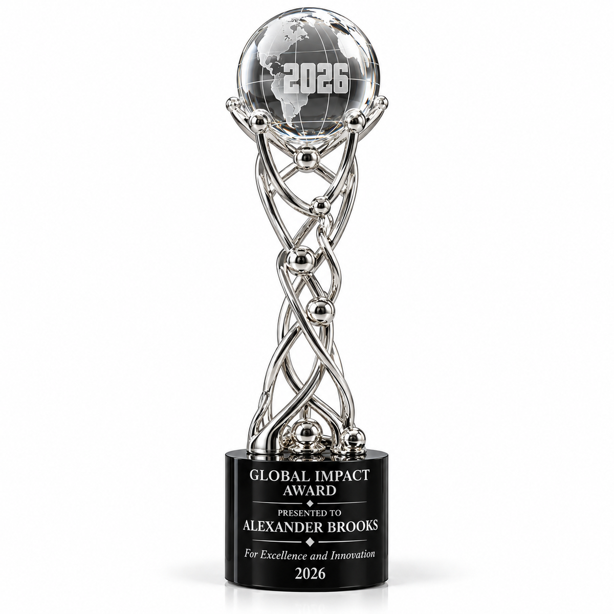 Celestial Crest silver twisted metal trophy with crystal globe on black base