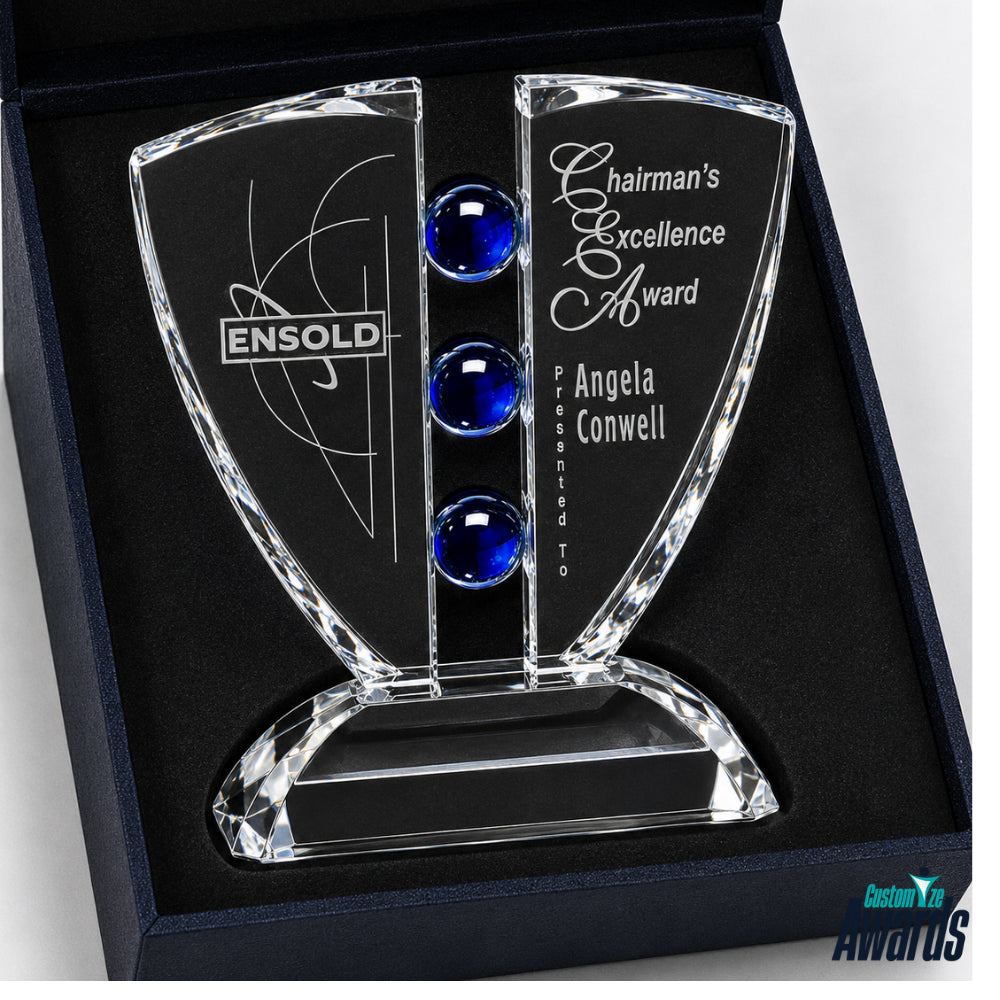 Pinion Indigo Crystal | Trophée en cristal gravé de reconnaissance