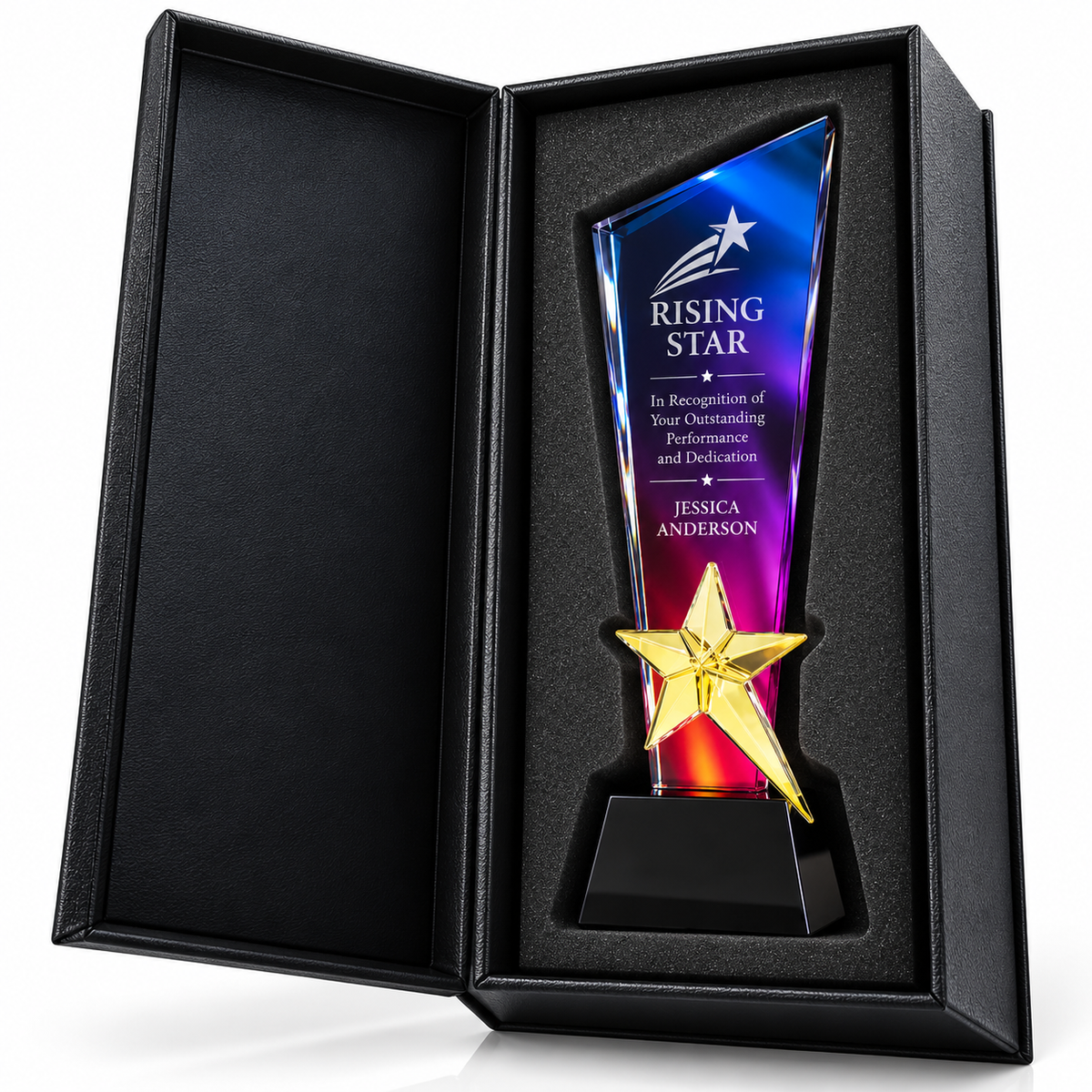 Personalized gradient crystal thank-you trophy with gold star accent and engraved message