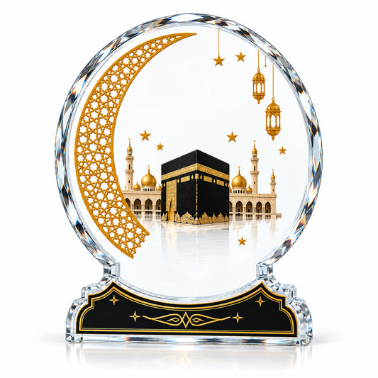 Celestial Crescent | Personalized Umrah Crystal Plaque Award