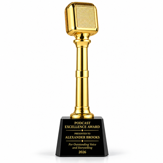 Stage Beacon gold vintage microphone trophy on black tapered base