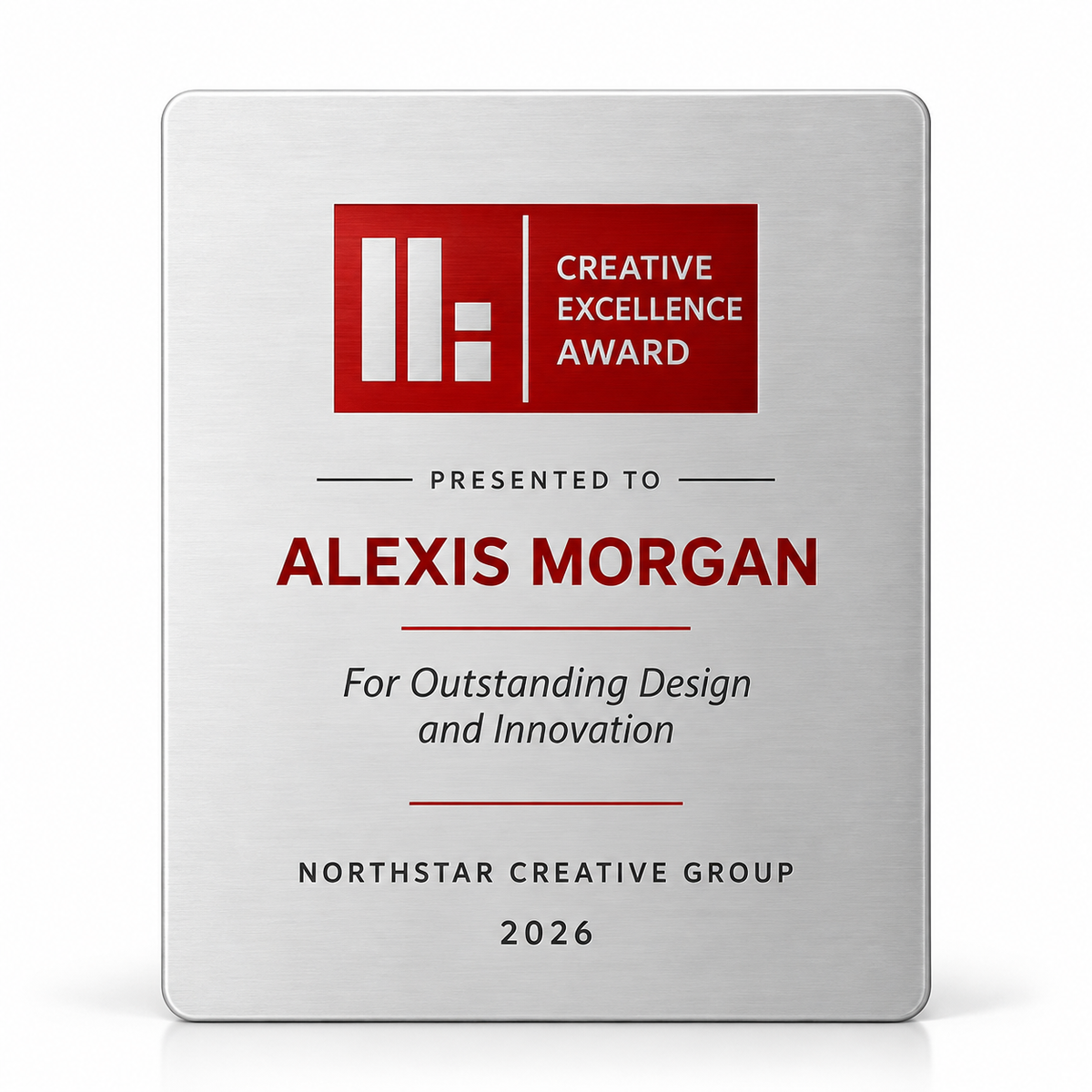 Inventive Form silver metal design excellence plaque with red logo area and centered name