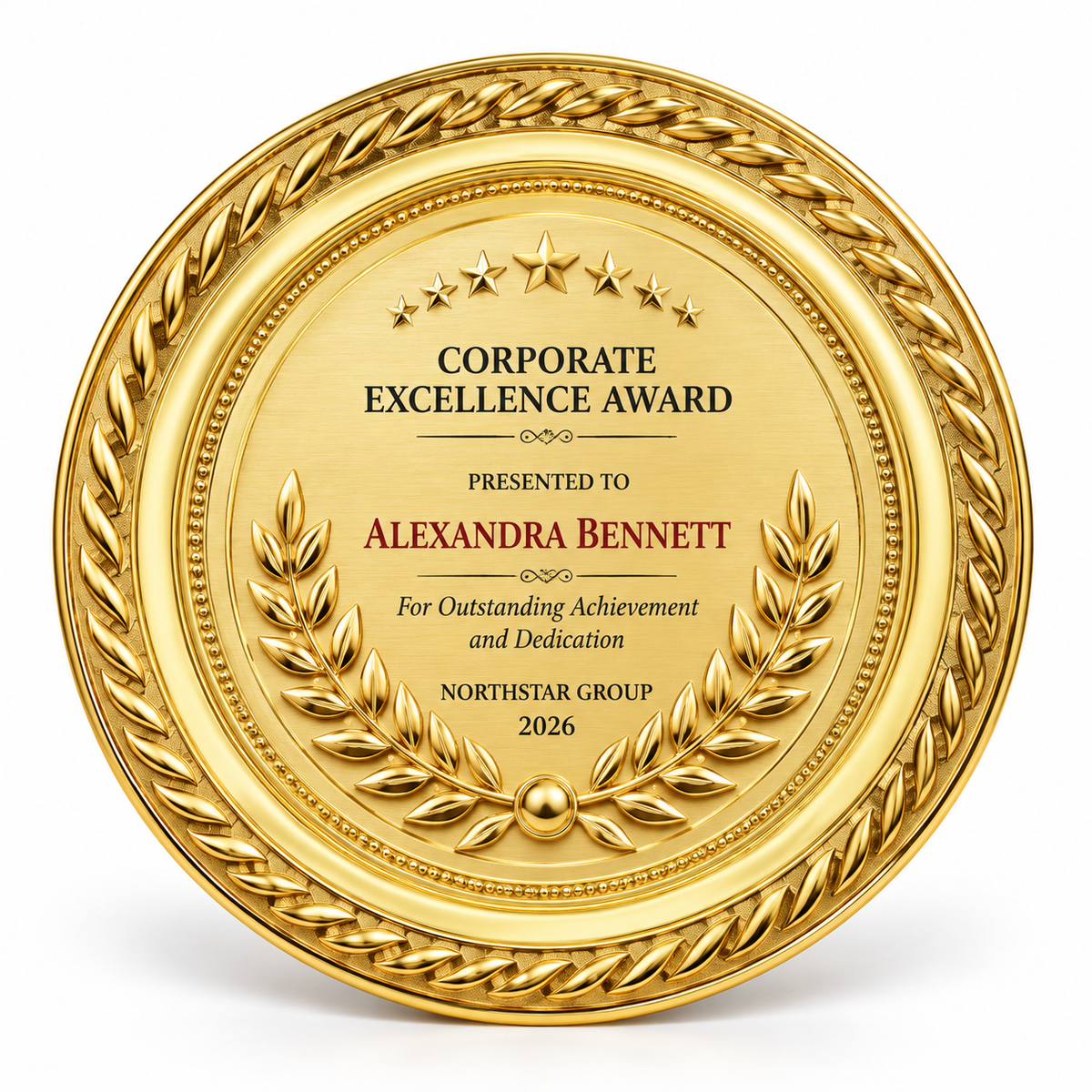 Honored Years gold metal medallion award with laurel border and engraved center text