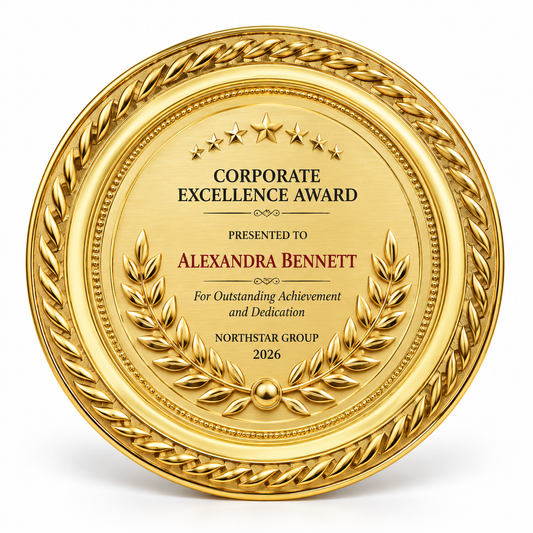 Honored Years gold metal medallion award with laurel border and engraved center text