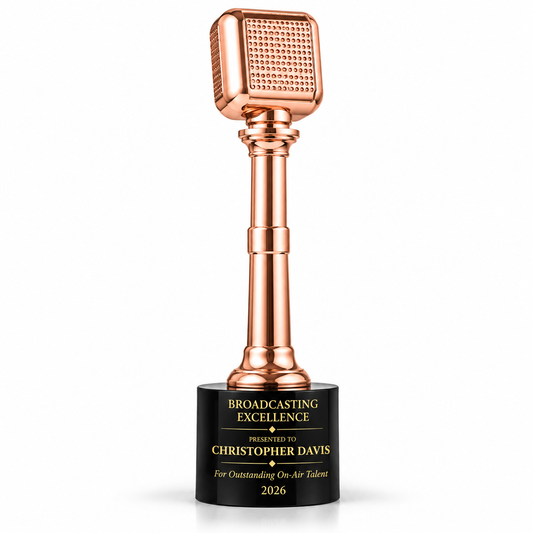 Stage Icon rose gold retro microphone trophy on round black base