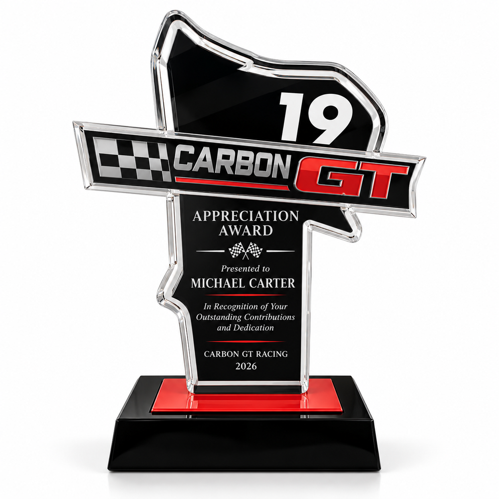 Track Hawk black and red acrylic racing champion award with checkered flag design