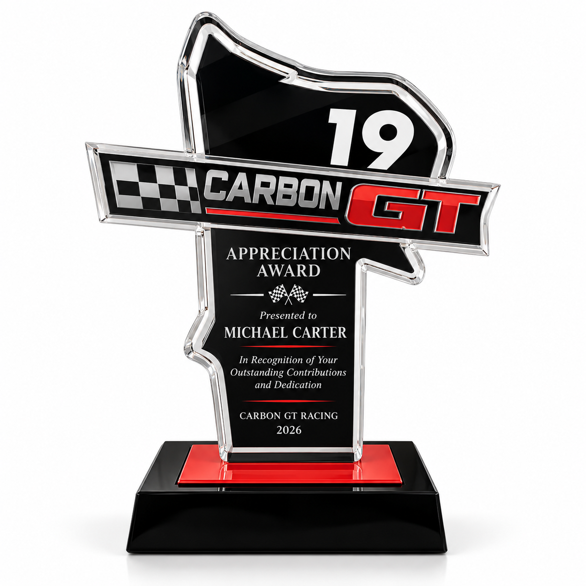 Track Hawk black and red acrylic racing champion award with checkered flag design