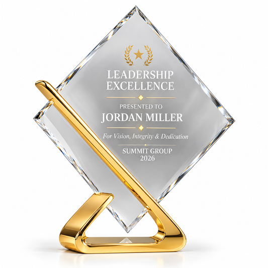 Golden Accord clear crystal diamond award on gold-tone loop stand with leadership excellence text
