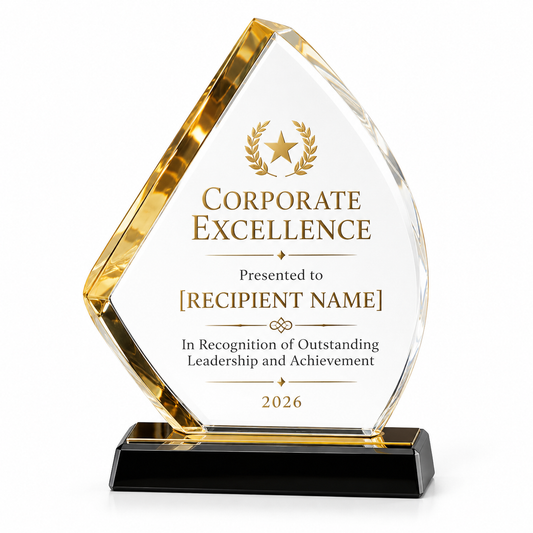 Eclipse Orbit clear crystal executive award with gold beveled edge on a black base
