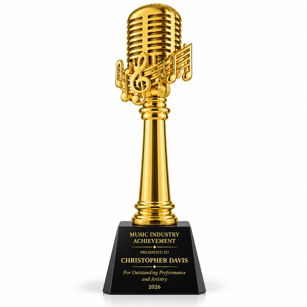 Rhythm Crown gold microphone trophy with music note accents on black base