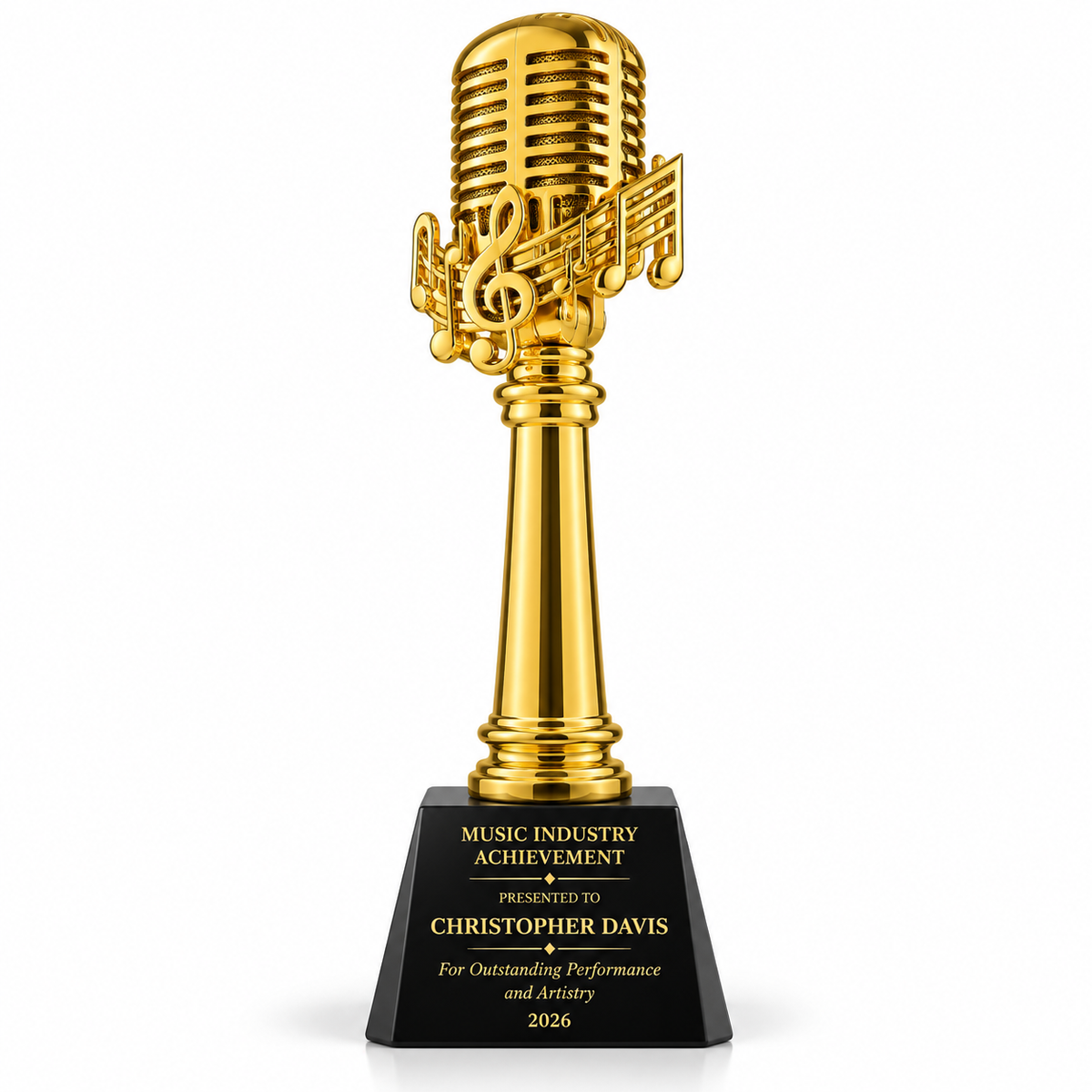 Rhythm Crown gold microphone trophy with music note accents on black base