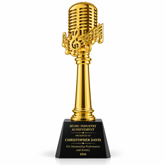Rhythm Crown gold microphone trophy with music note accents on black base