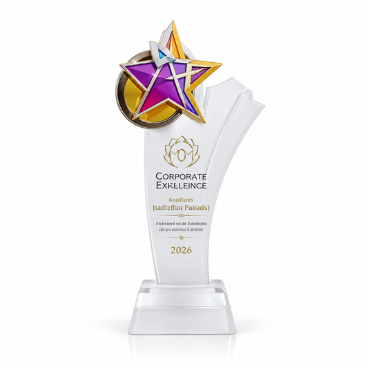 Rising Achiever frosted acrylic employee excellence trophy topped with a purple and gold star