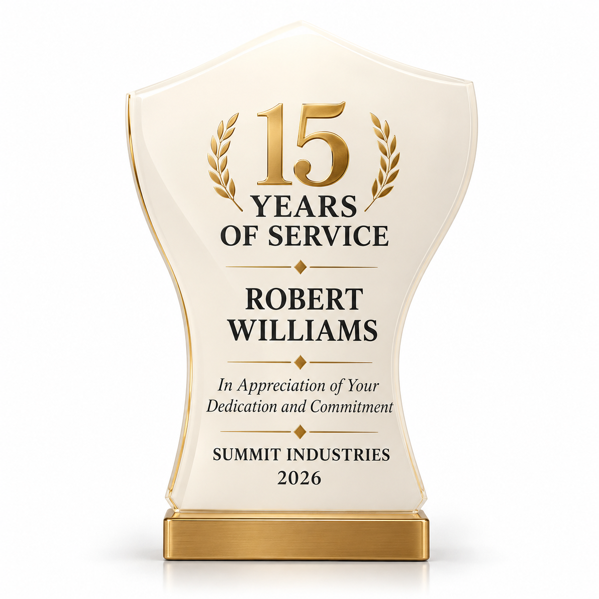Everlasting Tribute cream acrylic years of service award with gold laurel text on a gold base