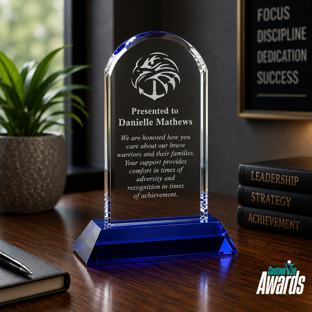Cool Blue Arch Crystal  Engraved Recognition Award lifestyle 