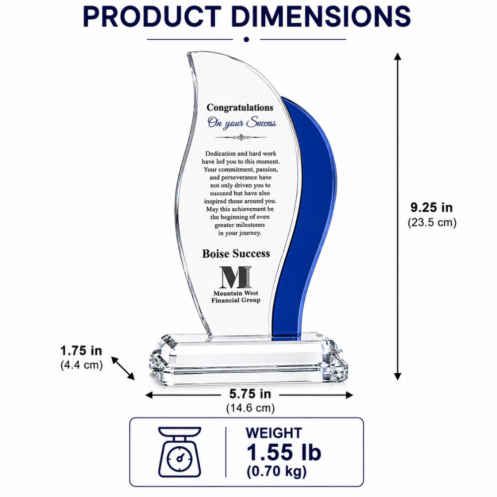 Crescent Sapphire  Employee Appreciation Crystal Award  dimensions 