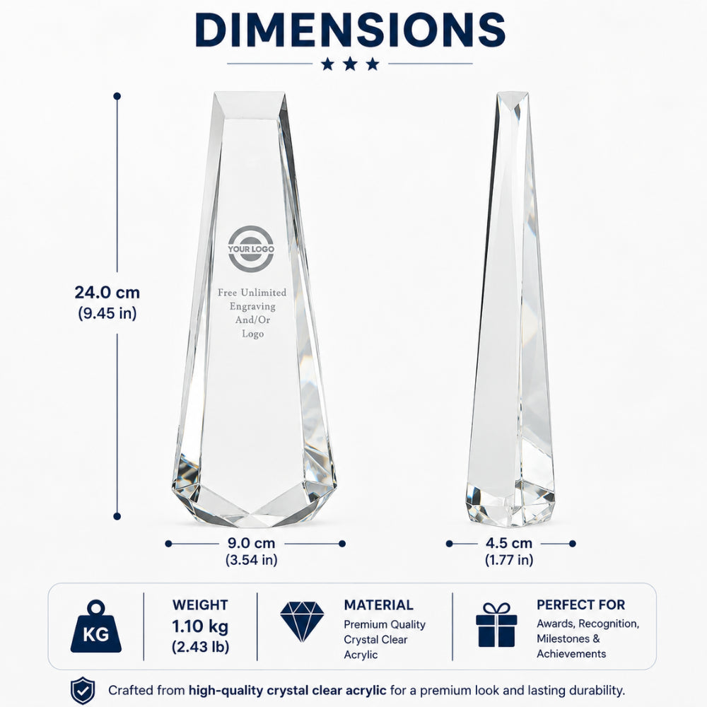 Crystal Obelisk  Personalized Engraved Recognition Award dimesnions 