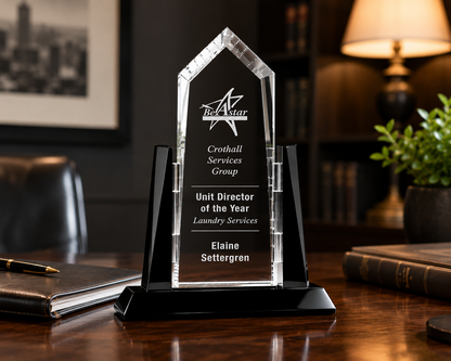 Personalized Sunridge Peak Crystal Award Trophy with Black Glass Accents