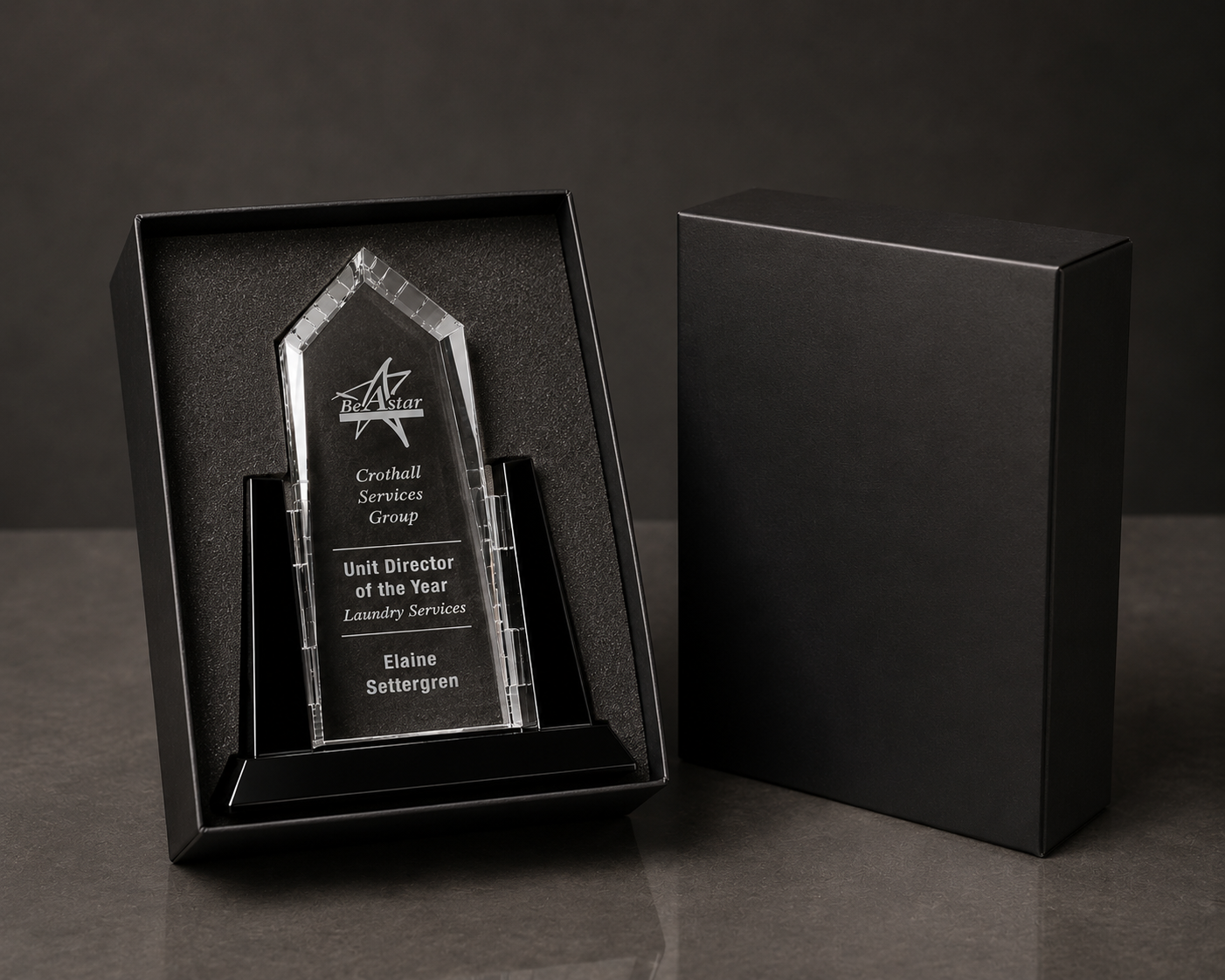 Personalized Sunridge Peak Crystal Award Trophy with Black Glass Accents