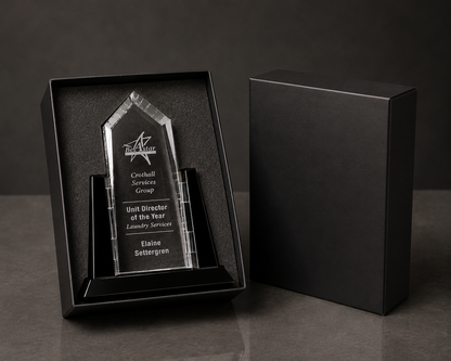 Personalized Sunridge Peak Crystal Award Trophy with Black Glass Accents