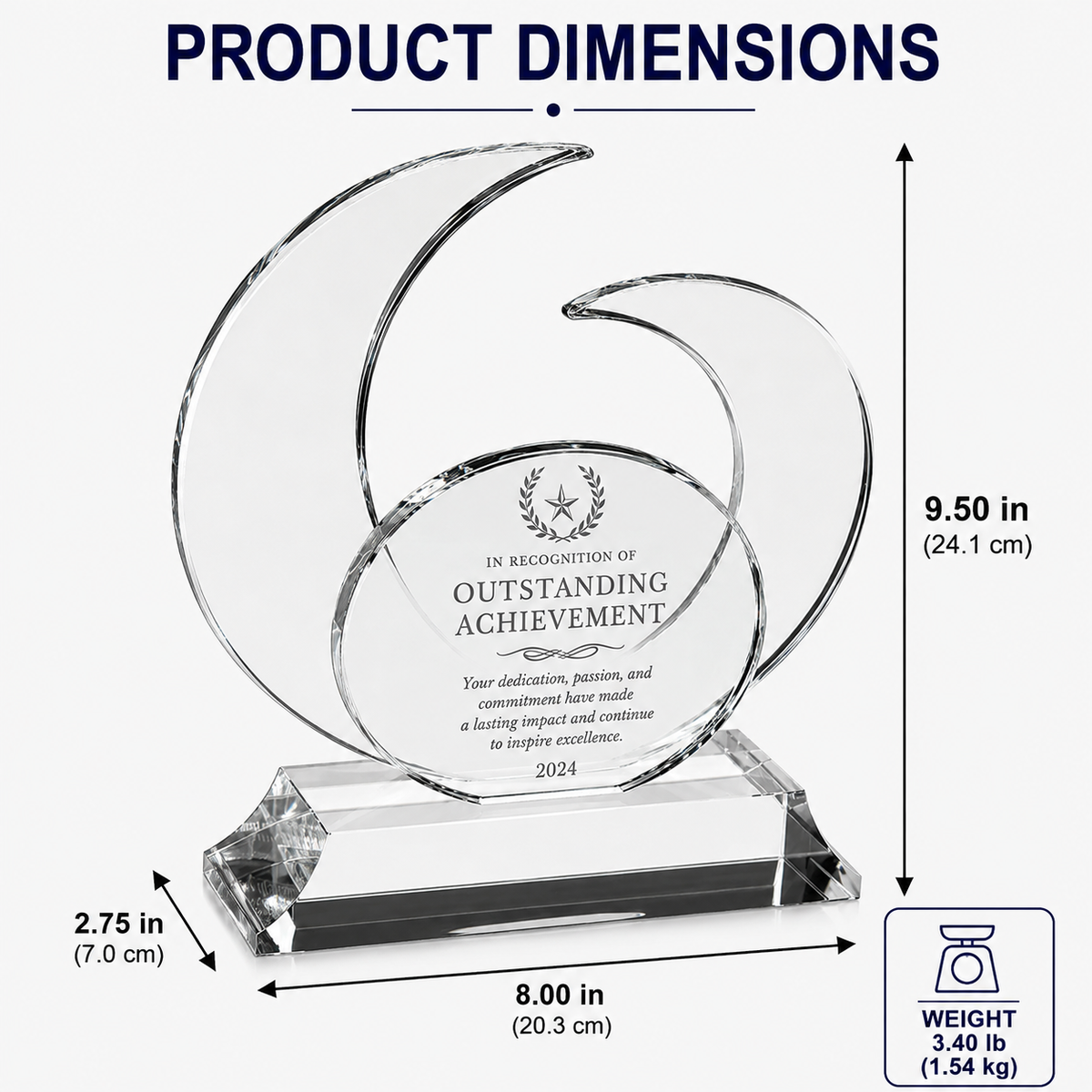 Elliptic Indigo Crystal  Engraved Recognition Award  dimensions 