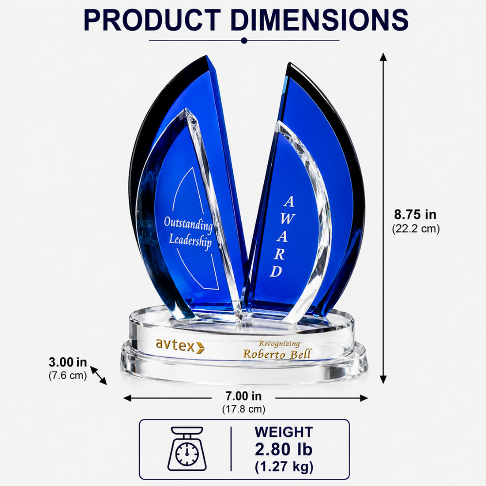 Flight Indigo Crystal  Engraved Recognition Award dimenions 