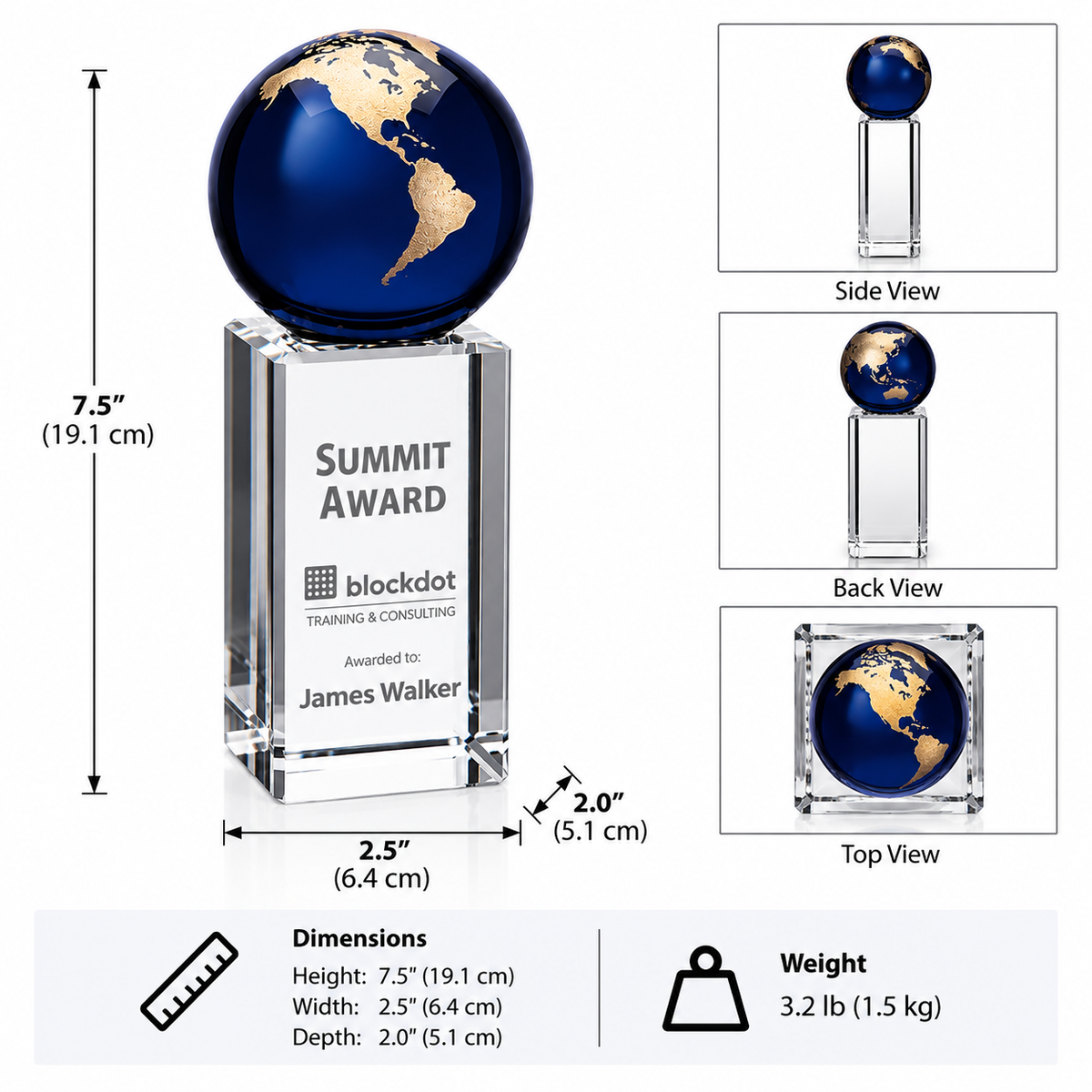 Global Vision  Global Leadership Crystal Award dimnsions 