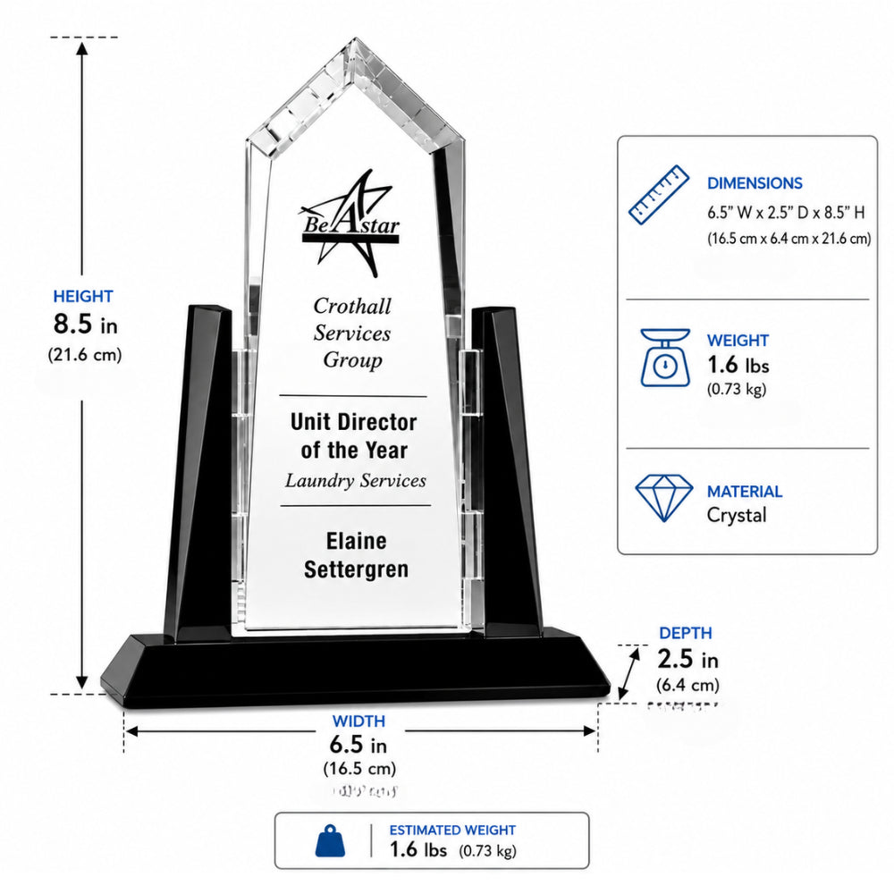 PersonalizedSunridgePeakCrystalAwardTrophywithBlackGlassAccentsdimensions