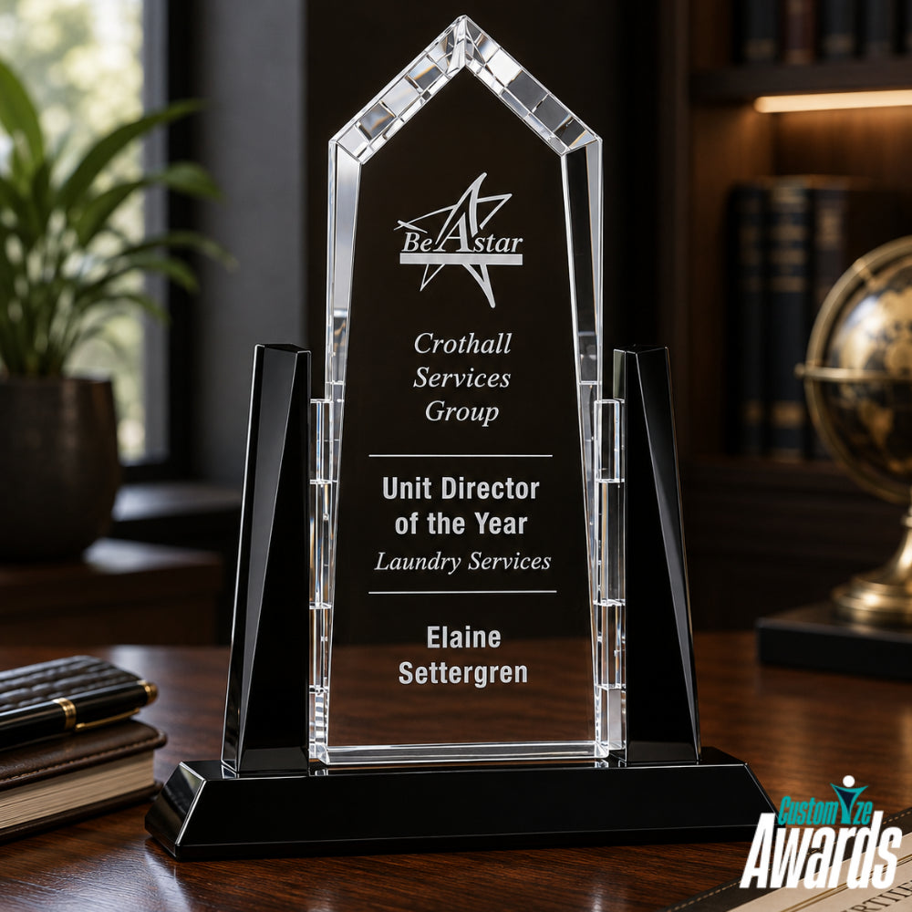 PersonalizedSunridgePeakCrystalAwardTrophywithBlackGlassAccentsdimensions