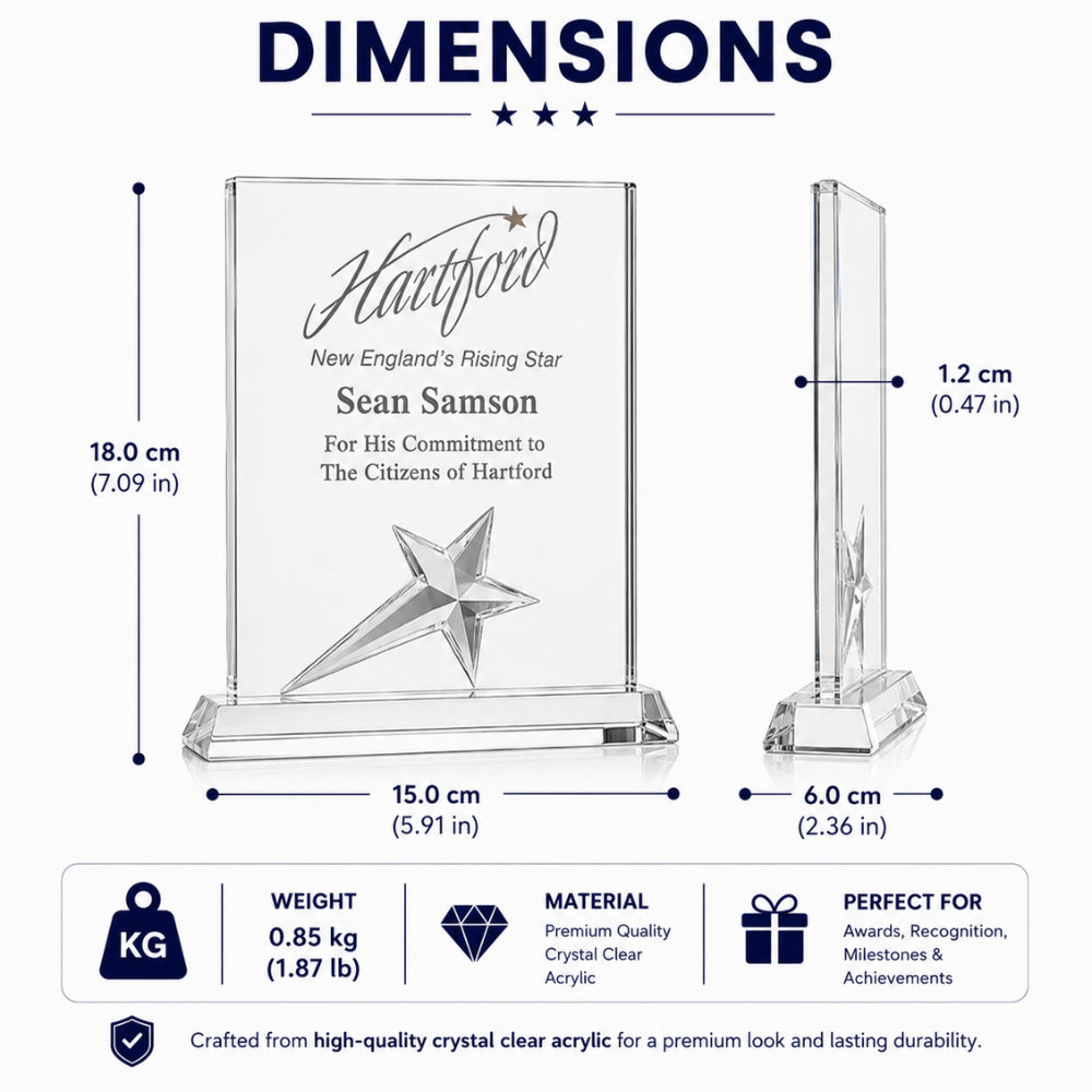 Rectangle Crystal Star  Engraved Recognition Award dimensions 