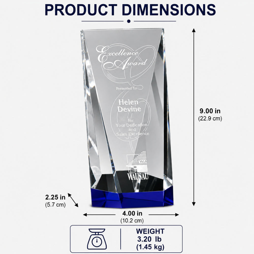 Valera Indigo Crystal  Engraved Recognition Award  dimensions 