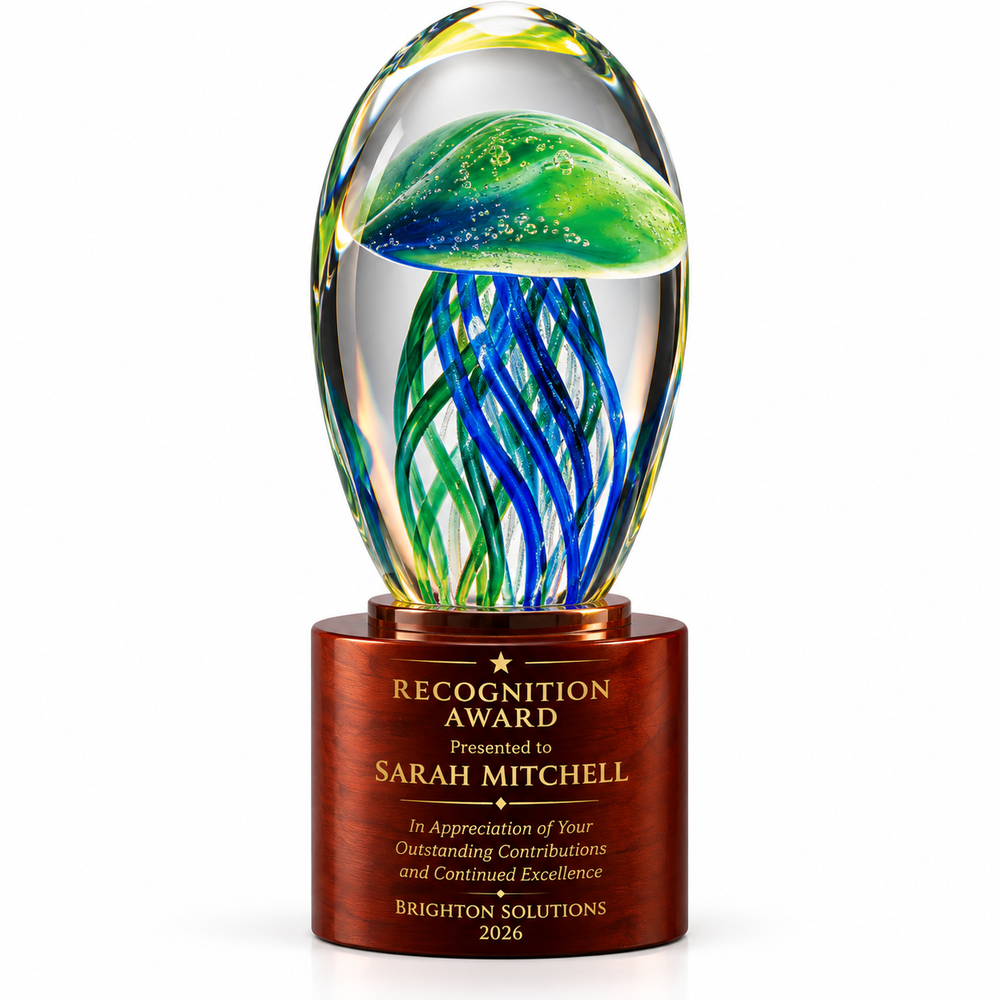 Tide Wave blue and green jellyfish-style art glass award on a wooden base