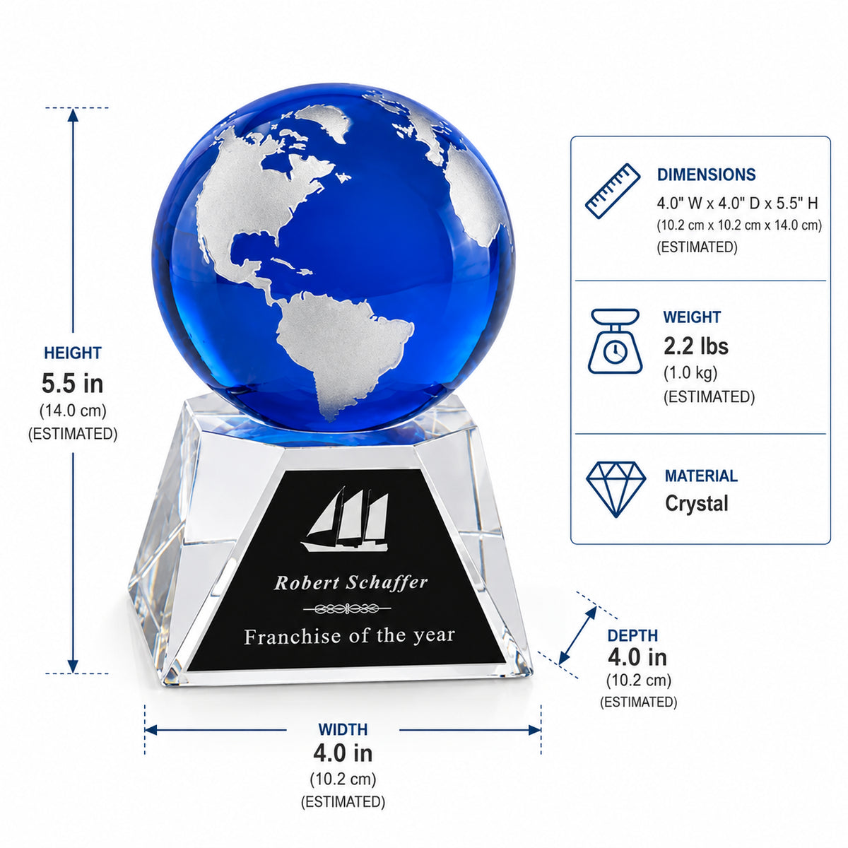 Globe Bleu | Trophée en Cristal Reconnaissance Mondiale Gravé sur Mesure