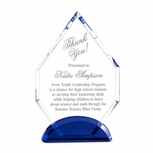 Arrowhead Crystal Award with Blue Base – Personalized Recognition Trophy