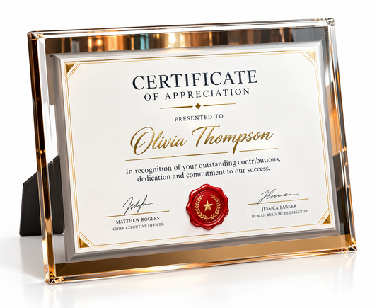 Classic Display acrylic appreciation certificate plaque with gold-toned frame on an easel stand