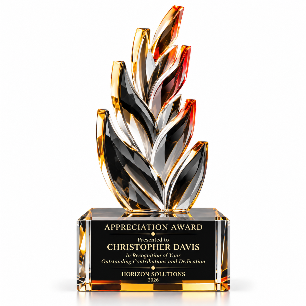 Forever Rise sculpted crystal appreciation award with layered leaf design on a black base