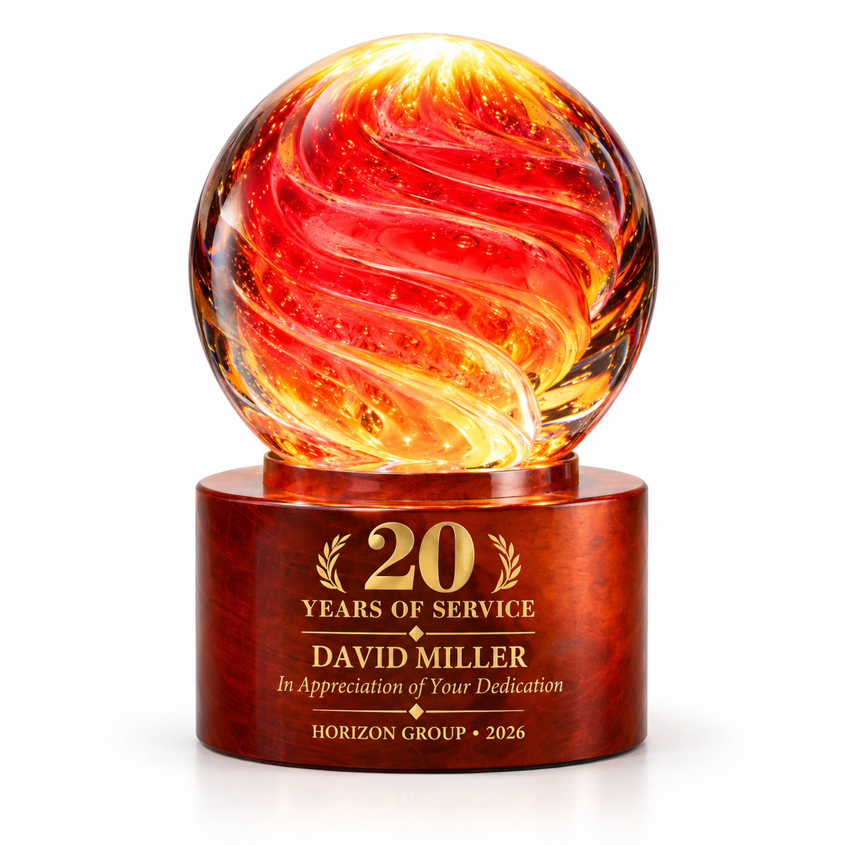 Inferno Orb red and orange art glass sphere award on a round wood base