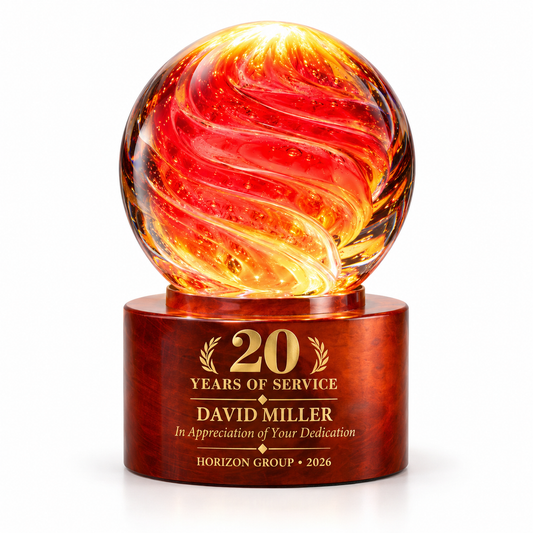 Inferno Orb red and orange art glass sphere award on a round wood base