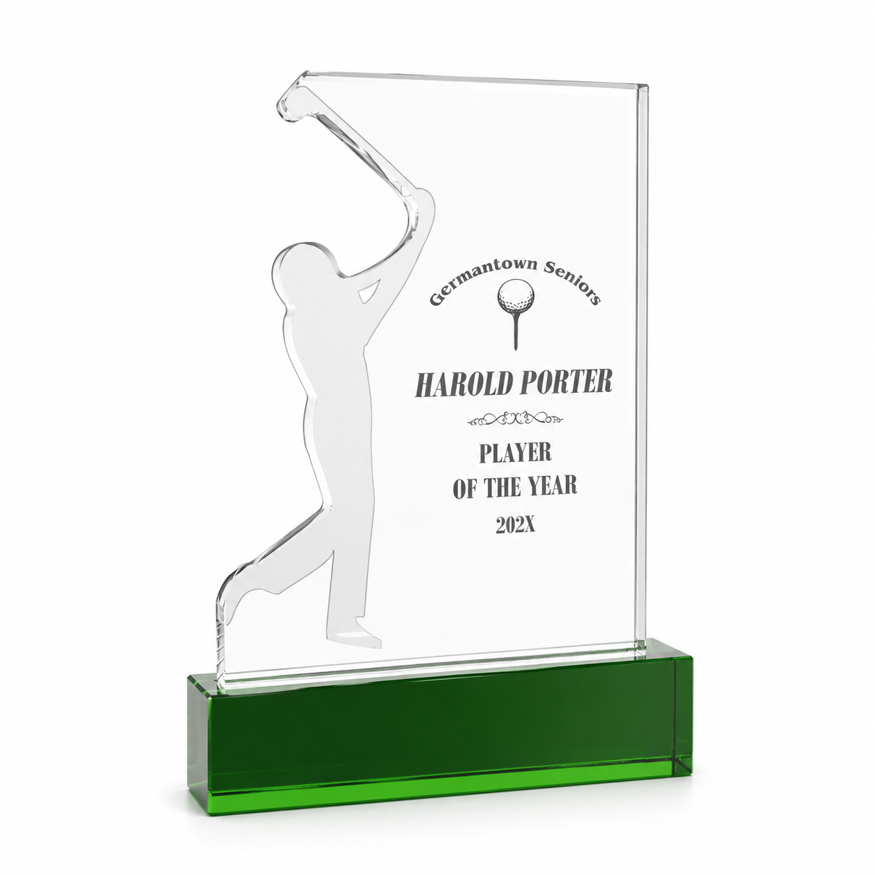 Golf Swing Crystal Award with Green Base – Custom Engraved Golf Trophy