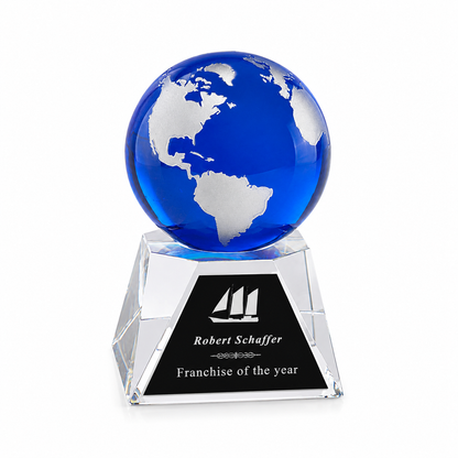 Globe Bleu | Trophée en Cristal Reconnaissance Mondiale Gravé sur Mesure