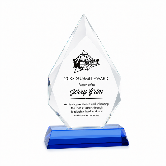 Arrowhead Crystal Award with Blue Base – Custom Engraved Corporate Recognition Trophy