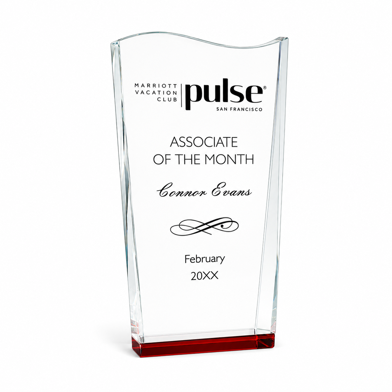 Red Wedge Wave Crystal Award – Custom Engraved Recognition Trophy with Red Base