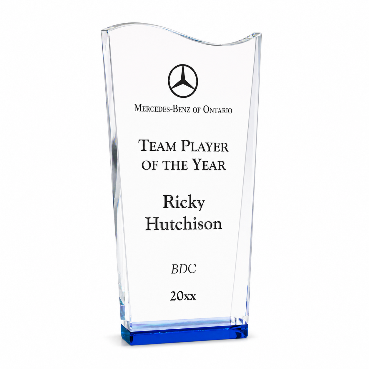 Blue Wedge Wave Crystal Award – Custom Engraved Recognition Trophy with Blue Base