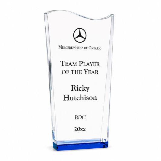 Blue Wedge Wave Crystal Award – Custom Engraved Recognition Trophy with Blue Base