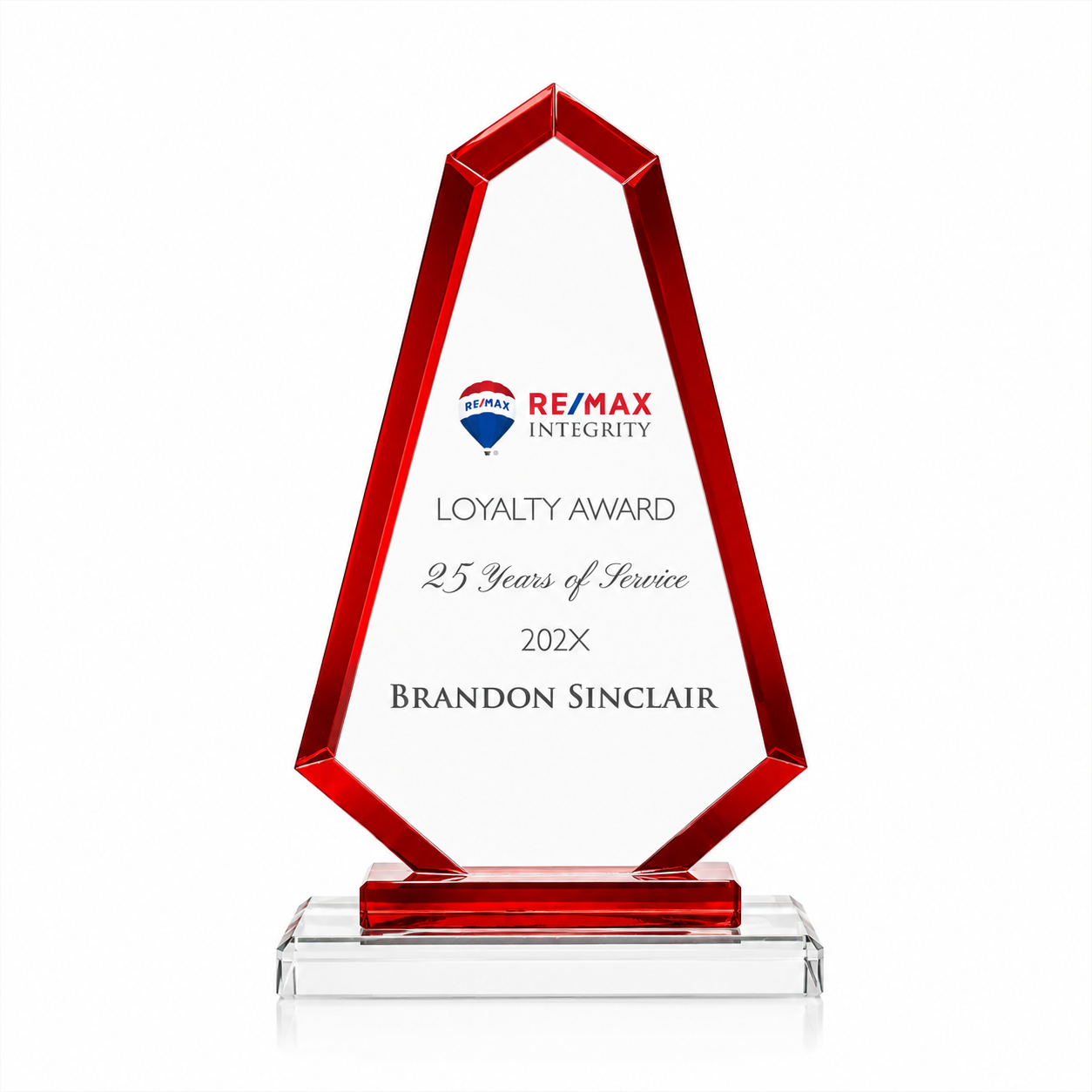 Red Trim Apex Crystal Award – Custom Engraved Recognition Trophy