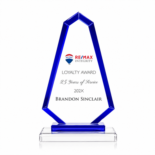 Blue Trim Apex Crystal Award – Custom Engraved Recognition Trophy